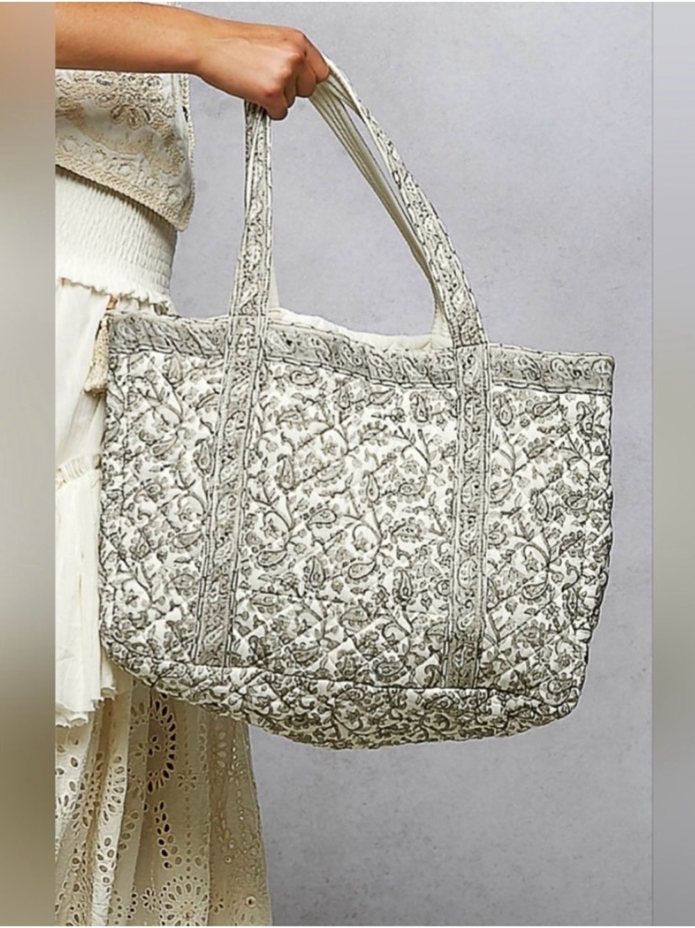 POL BOHO Quilted Floral Tote Bag in Cream and Gray - Women's Shoulder Bag
